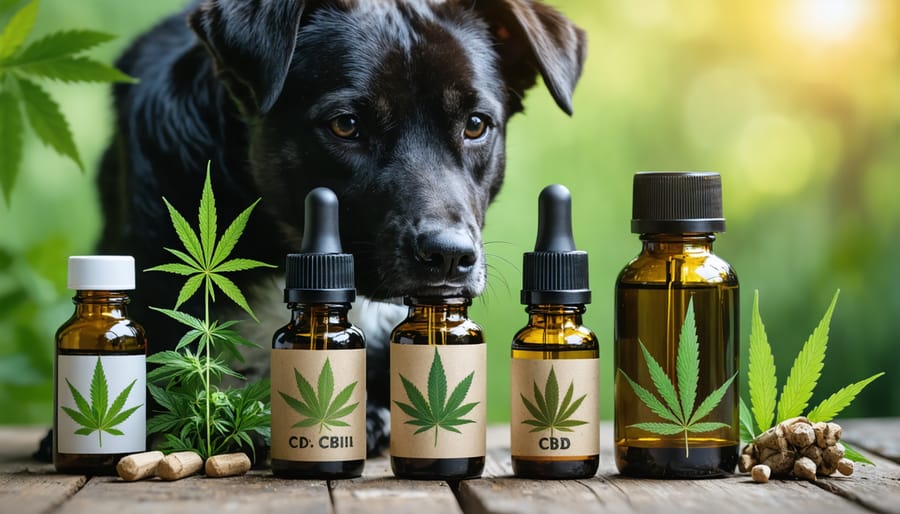 Display of CBD oil bottles, droppers, and dosage guides specifically designed for dogs