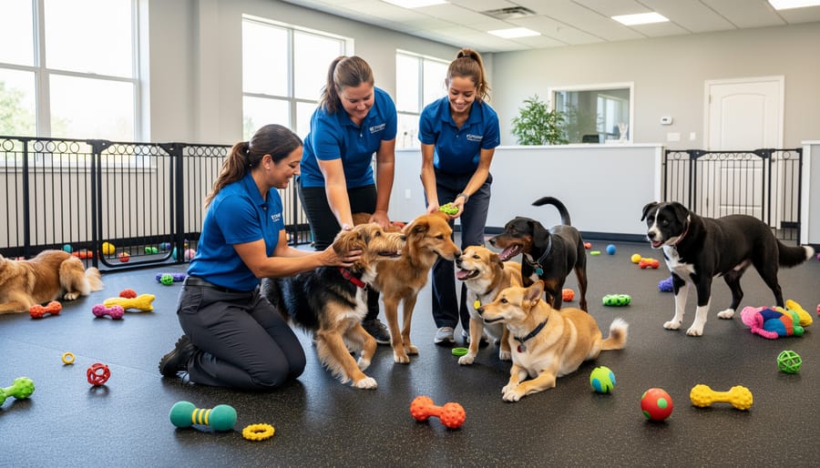 Dog daycare staff member interacting closely with golden retriever in supervised playroom