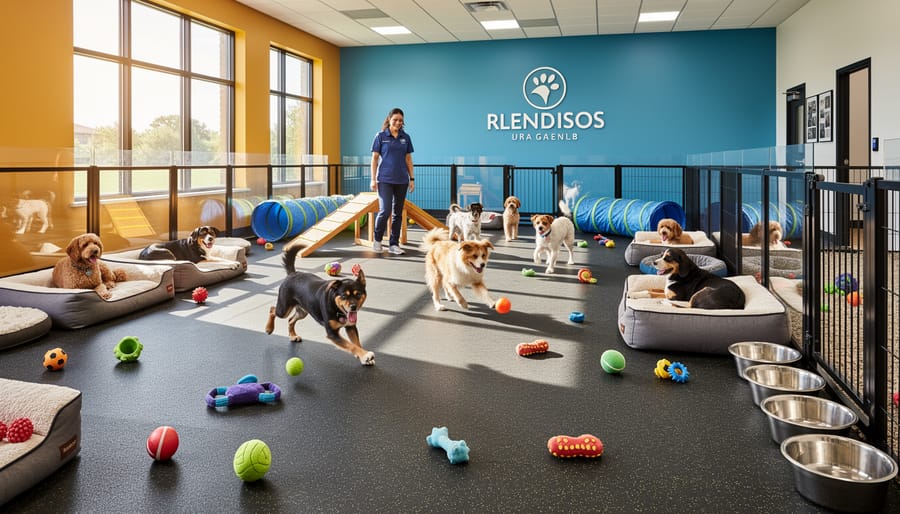 Interior of professional dog daycare facility with multiple dogs playing in spacious, well-lit play area
