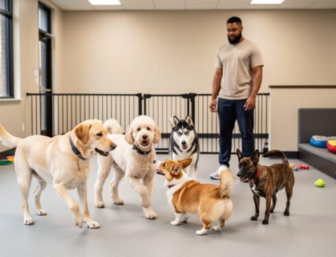Group of five to six dogs of different breeds playing in a clean indoor daycare as a staff member supervises nearby, with rubber flooring, gates, water bowls, and a rest area softly blurred in the background under natural light.