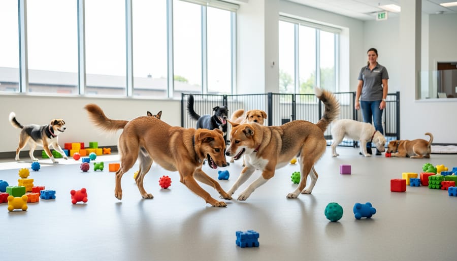 Happy dogs playing together in secure outdoor daycare play area
