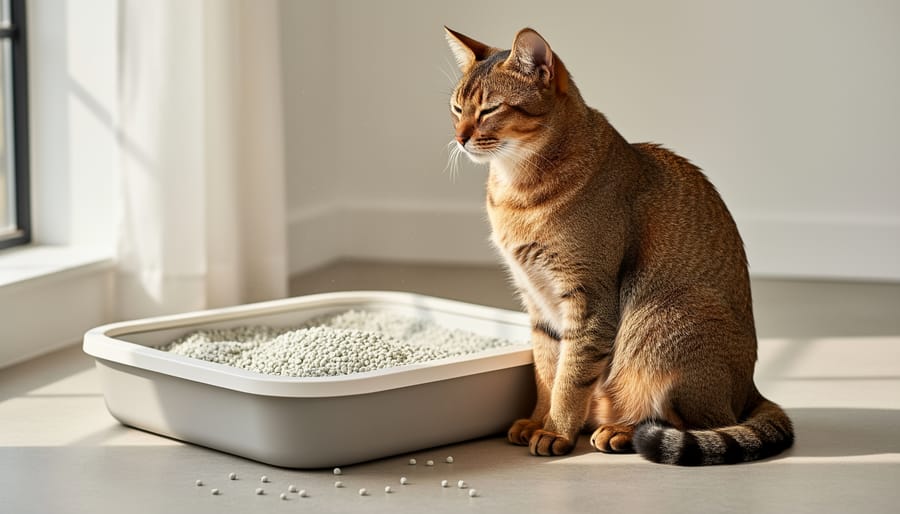 Adult cat calmly near a litter box in a living room setting.