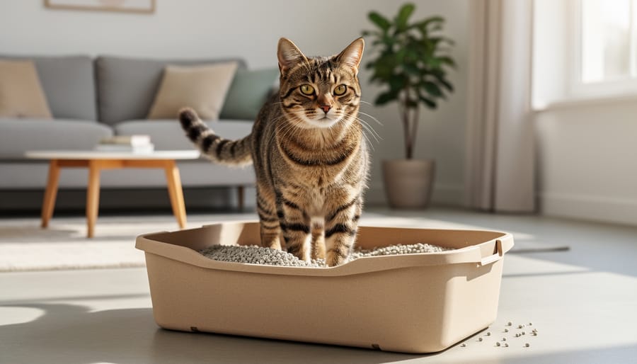 A cat entering a disposable litter box in a bright living room environment.