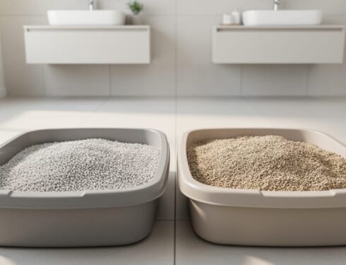 “Two cat litter boxes placed side by side, one filled with clumping litter and the other with non-clumping litter, showing different granular textures.”