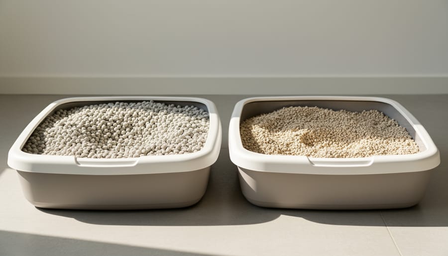 Two cat litter boxes showing clumping litter and non-clumping litter textures.
