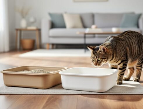 Tabby cat near a disposable cardboard litter tray in a bright room, with a clean litter box in the background.