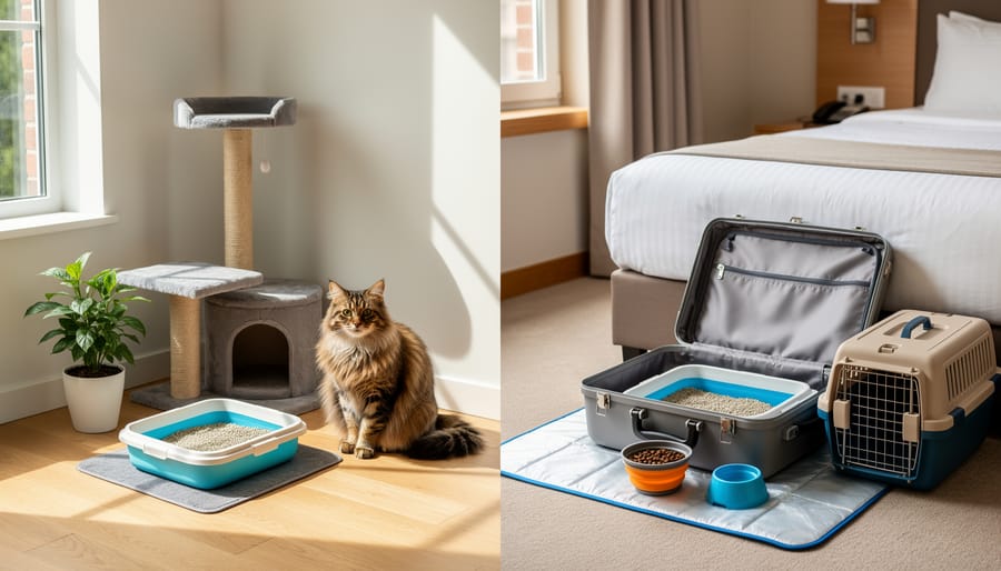 Disposable cardboard cat litter boxes placed on a bathroom floor beside a travel bag.