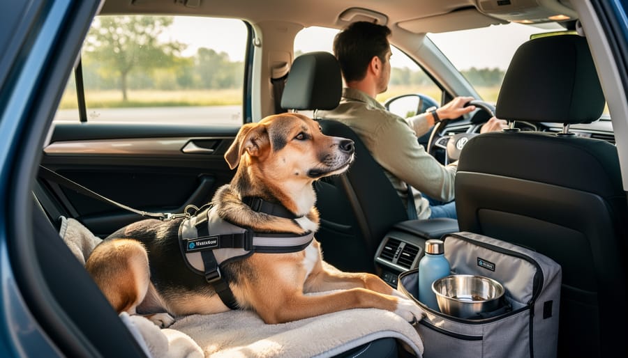 Dog secured in a car with a pet safety harness during roadside travel near the border