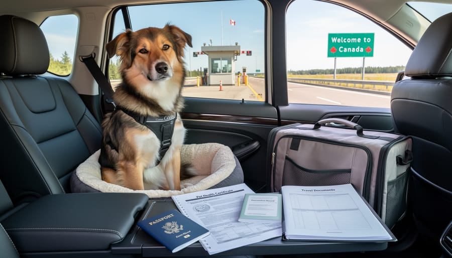 Golden retriever sitting beside an organized pet travel folder with documents for entering Canada