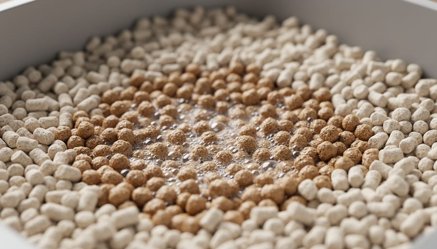 Macro close-up of non-clumping cat litter granules absorbing moisture and darkening.