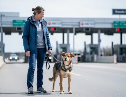 Ottawa pet owner holding a leashed dog near a Canadian border checkpoint gate under soft daylight.