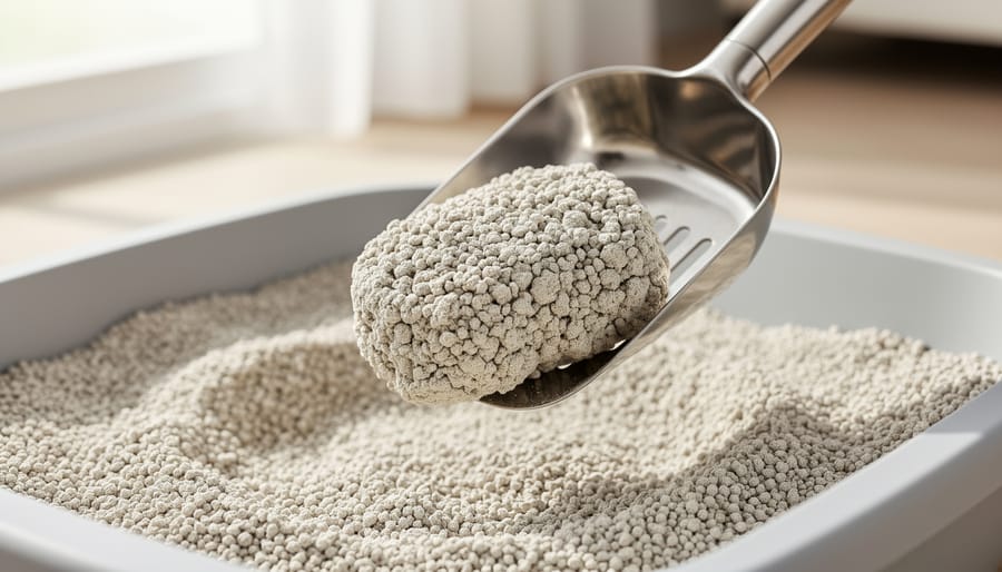 Close-up of a scoop lifting a solid clump from clumping cat litter.