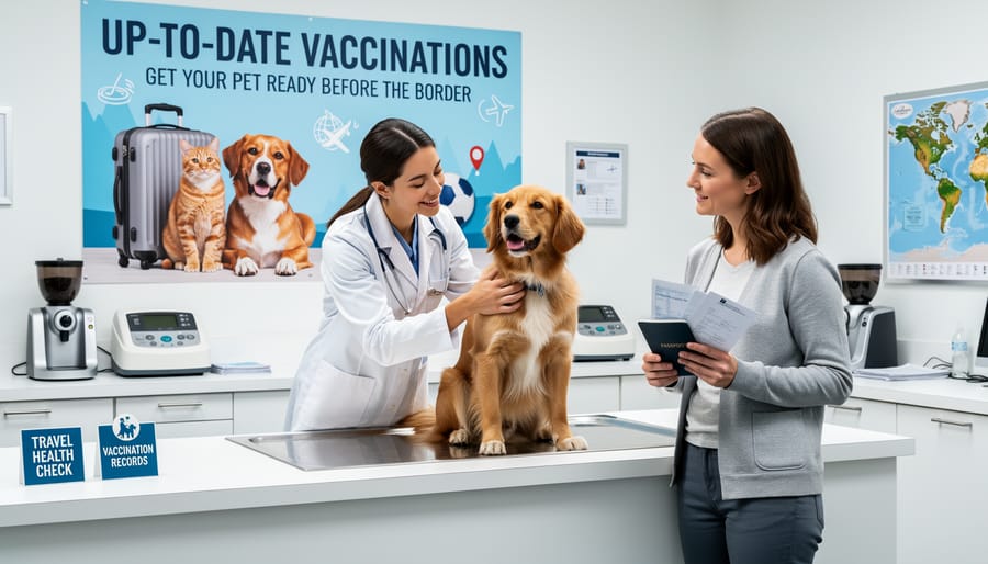 Veterinarian and dog owner at a vet clinic counter with a pet vaccination booklet and leash