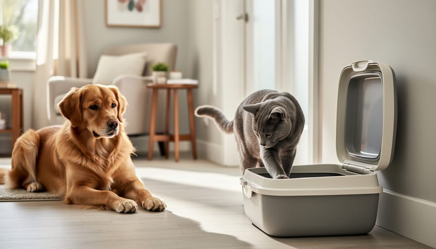 A cat investigating a litter box while a dog watches calmly in a living room