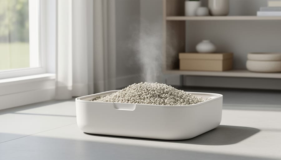 A clean cat litter box filled with fresh litter in a bright home setting