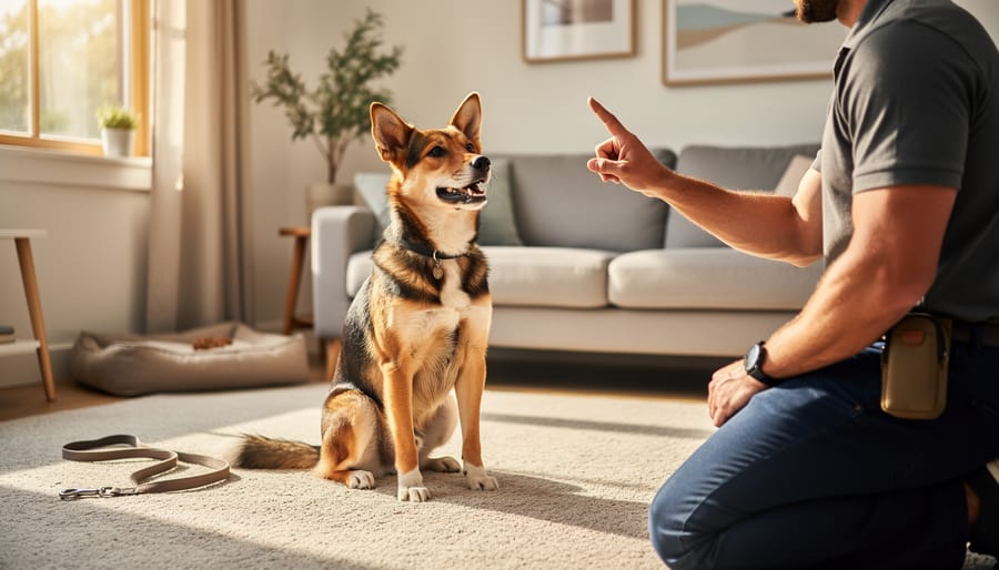 A dog sitting on a training mat with a trainer holding treats during obedience training.