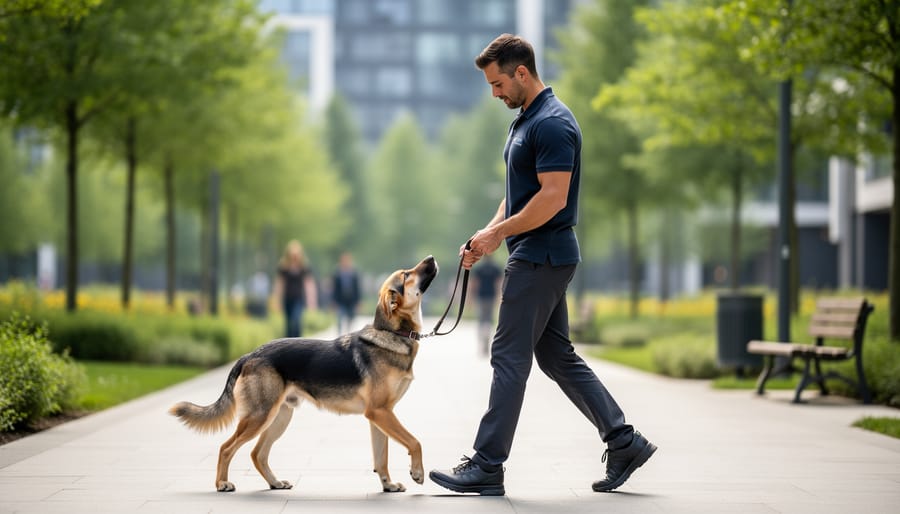A trainer and one dog practicing leash heelwork in an indoor training facility.