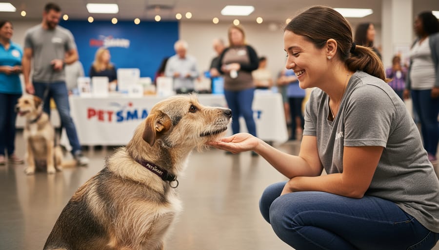 A volunteer and adopter stand with a calm dog on a leash in a PetSmart store aisle.