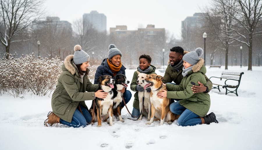 Adopters walk multiple dogs together along a snowy park path in Ottawa winter conditions.