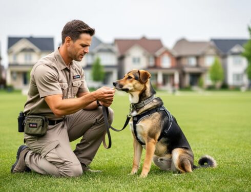 Dog trainer kneeling with a focused dog during positive reinforcement training in a Brampton park.