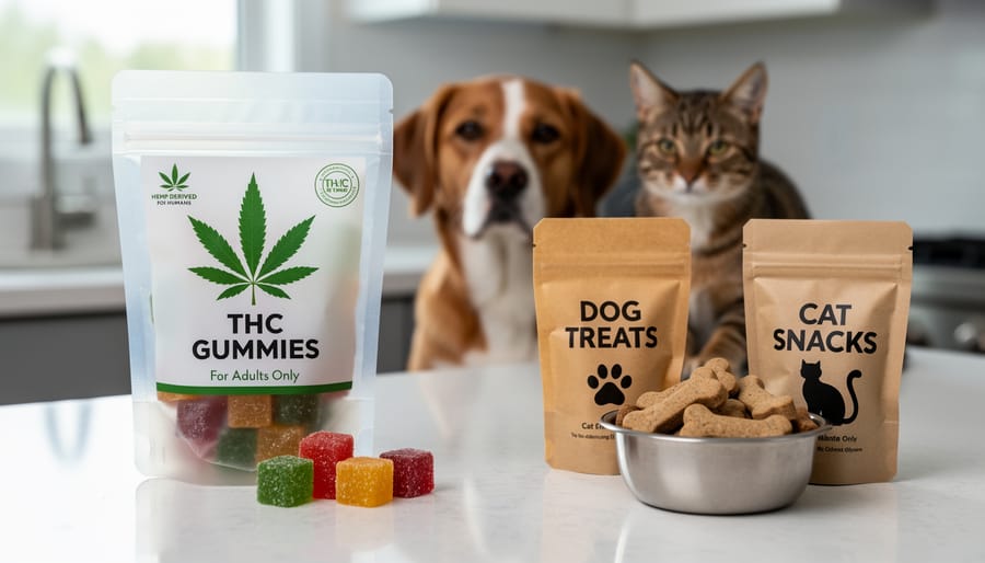 Close-up of hemp-derived gummy candies in a bowl next to dog treats on a kitchen counter