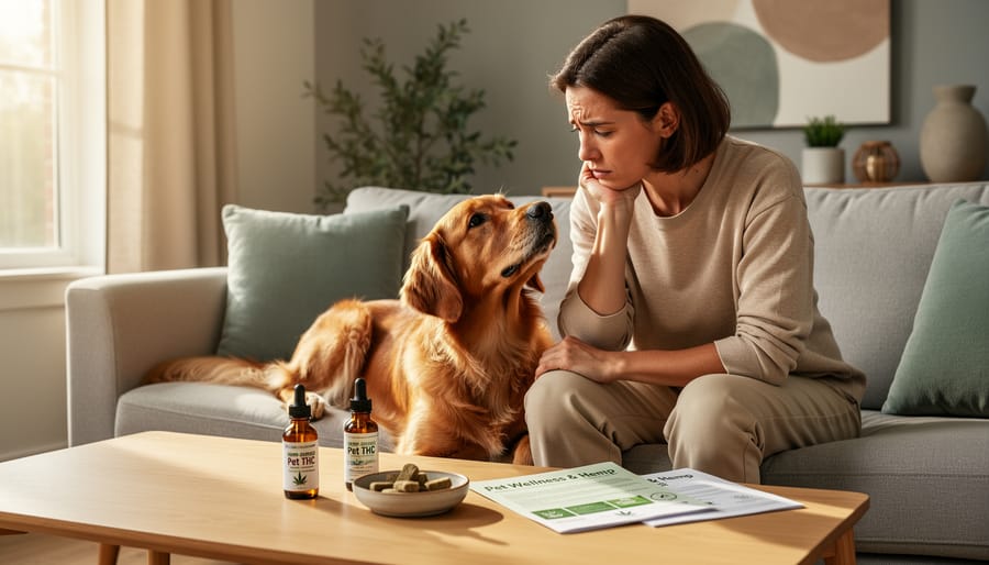 Dog sitting indoors with an owner nearby holding an empty supplement jar, appearing concerned