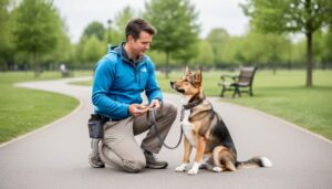 “A dog trainer kneeling with a leashed dog in a Newmarket park during a professional training session.”