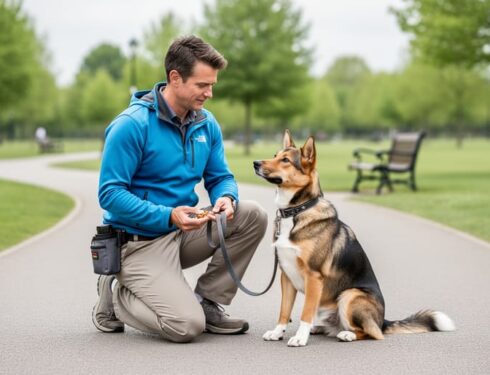 “A dog trainer kneeling with a leashed dog in a Newmarket park during a professional training session.”