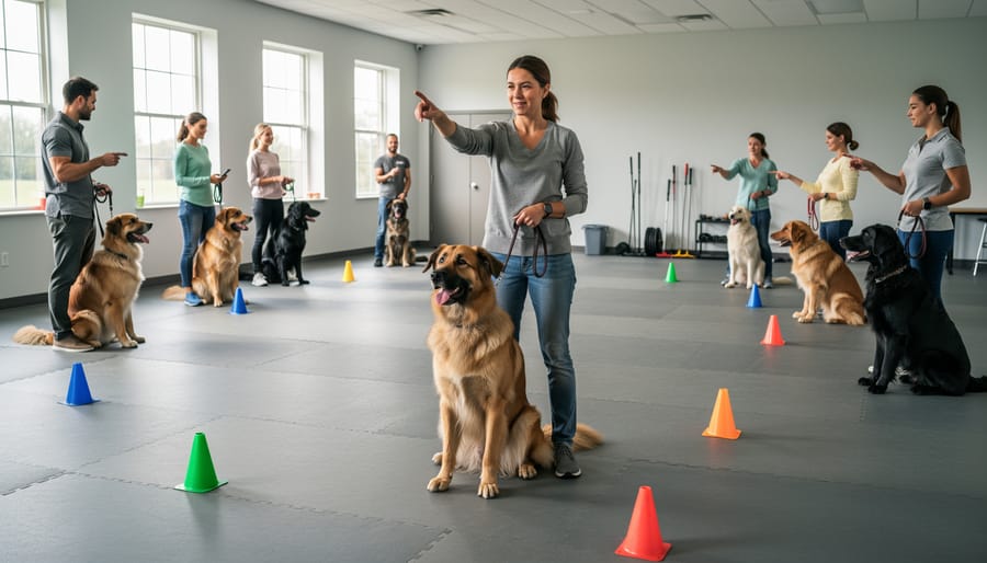 Dogs and handlers seated calmly in a supervised group dog training class with the trainer present