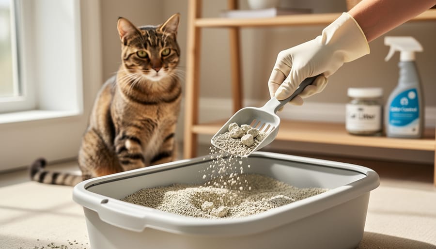 Gloved hand scooping clumps from a cat litter box with a metal litter scoop
