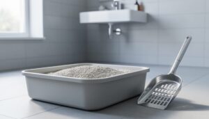 “Close-up of a clean cat litter box with a metal scoop beside it in a bright bathroom setting.”