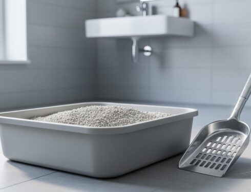 “Close-up of a clean cat litter box with a metal scoop beside it in a bright bathroom setting.”