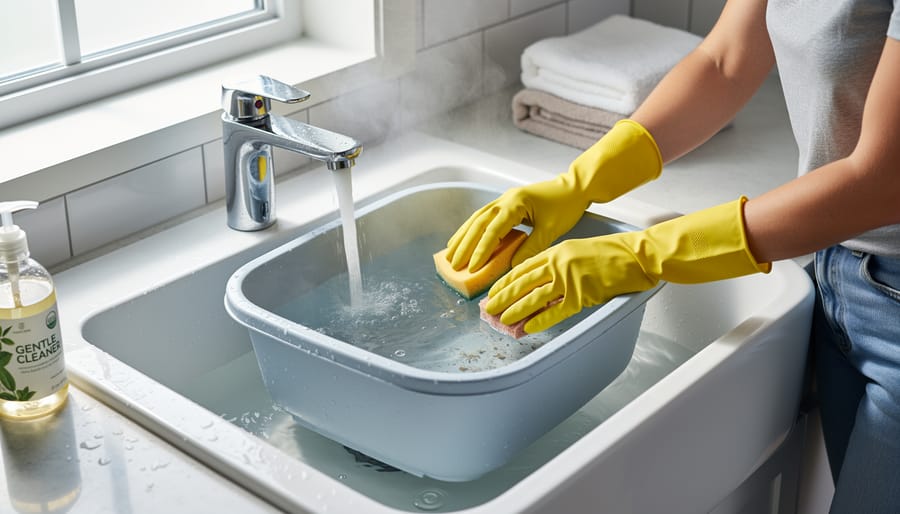 Litter box in a sink with hot water and cleaning supplies nearby for a deep clean