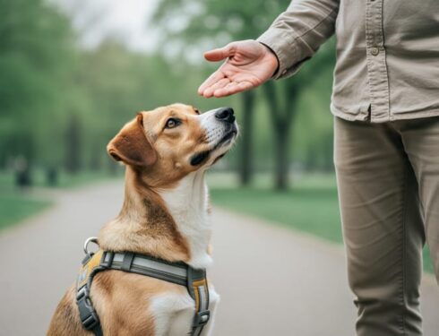 A dog calmly sitting next to its trainer in a park, representing safety-focused positive reinforcement training.