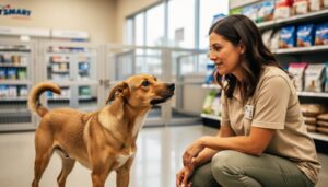 Volunteer kneeling with an adoptable dog during a PetSmart in-store adoption event, with softly blurred store background.