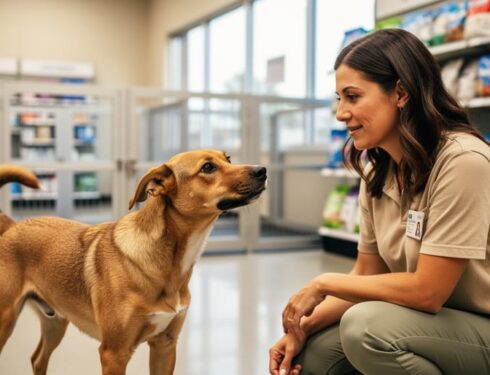 Volunteer kneeling with an adoptable dog during a PetSmart in-store adoption event, with softly blurred store background.