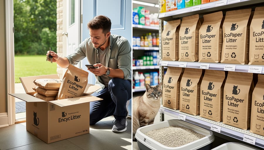 Recycled paper cat litter package and scoop placed on a kitchen floor in a tidy home setting