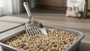 Scoop and tray filled with light-brown recycled paper cat litter pellets, photographed in a clean indoor home setting.