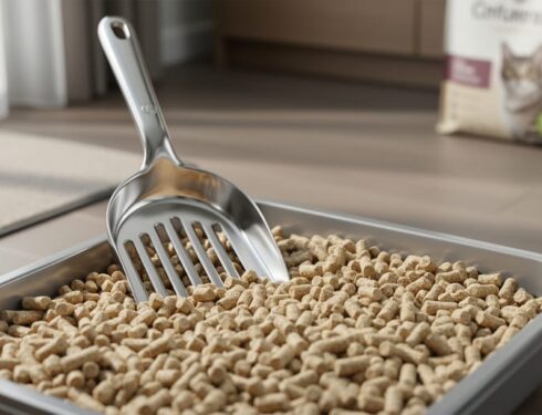 Scoop and tray filled with light-brown recycled paper cat litter pellets, photographed in a clean indoor home setting.