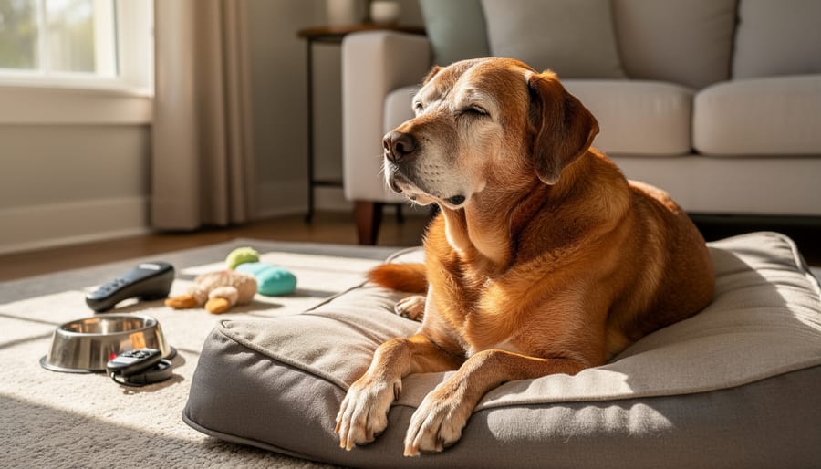 Senior dog relaxing on an orthopedic bed while a trainer gently pets the dog