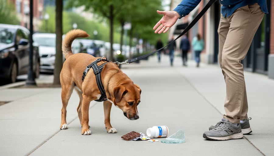 Trainer guiding a leashed dog to ignore a tempting object on the sidewalk