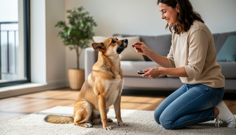 Trainer kneeling in a park offering a treat to a dog during a positive reinforcement training session