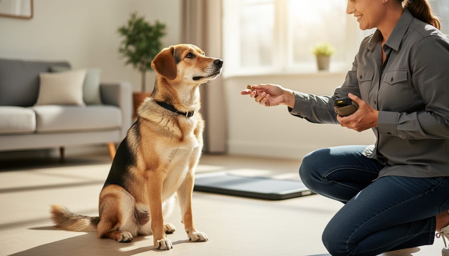 Trainer rewarding a dog for sitting and maintaining eye contact during an outdoor training session