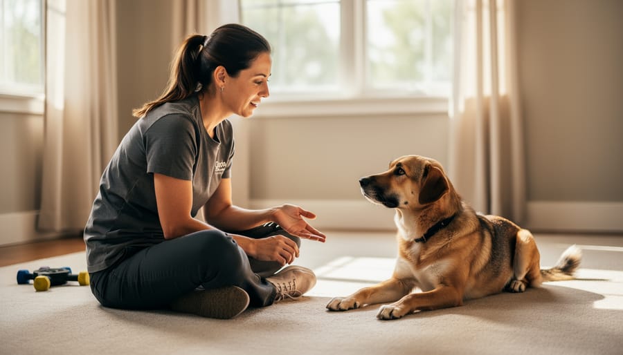 Trainer using a calm, reassuring approach during a private dog training session while the dog relaxes