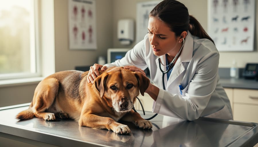 Veterinarian in gloves examining a dog on an exam table in a clinic exam room