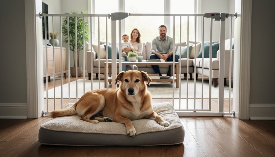 Dog behind a baby gate in a home doorway while the owner remains at a safe distance with a calm posture