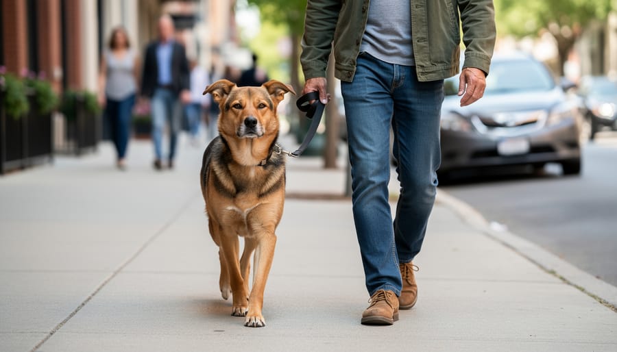 A dog walking calmly on a neighborhood path with its owner during golden hour.