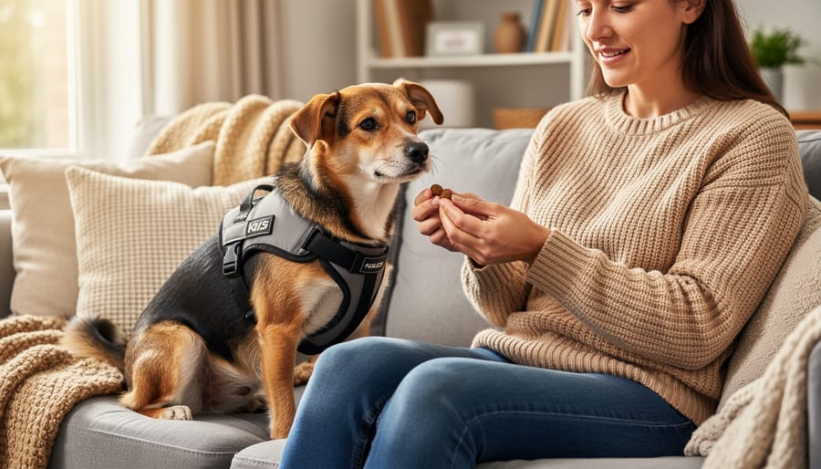 Person kneeling on the floor and offering treats to a dog wearing a comfortable harness in a quiet home entryway
