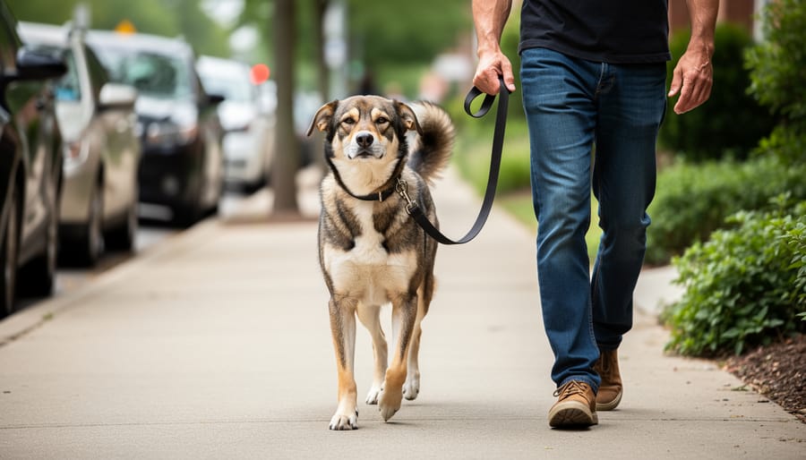 A dog wearing a harness calmly sits beside an owner on leash in a park.