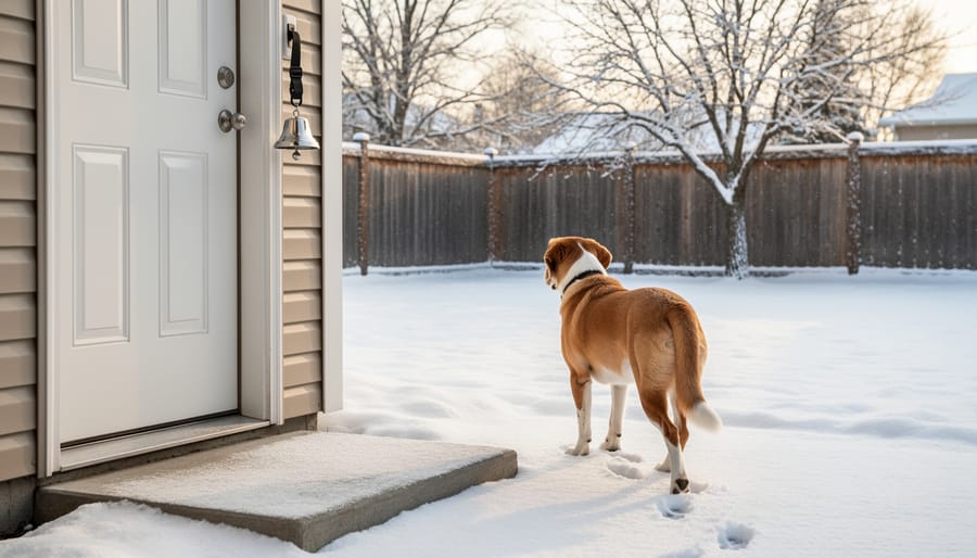 A dog walks out through a door onto a snow-covered yard, illustrating the bell-to-outside routine in winter.